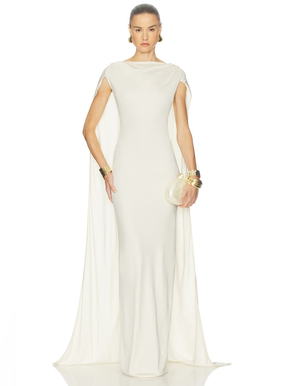 Helsa Alva Ivory Caped Jersey Maxi Dress Bridal Goddess Gown REVOLVE